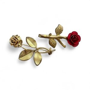 Vintage Gold and Red Rose Brooch Set